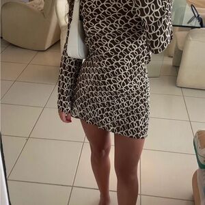 Brown and White Asymmetrical Neckline Bodycon Dress